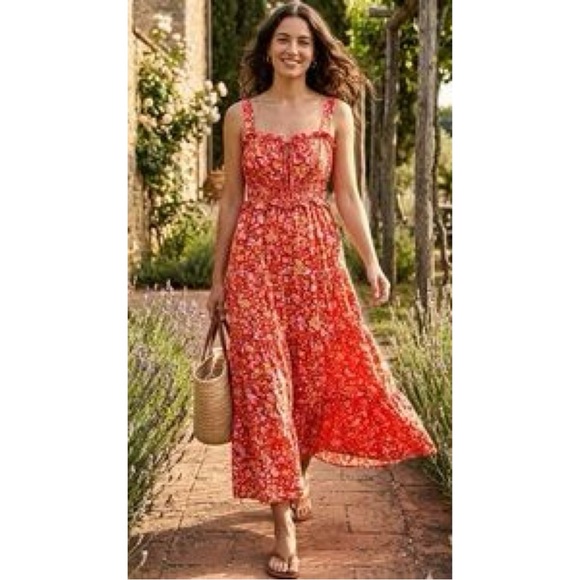 J. Crew Ruffle Trim Tiered Maxi Dress XS Petite Sunny Blooms Coral Cottage NWT - Picture 4 of 14